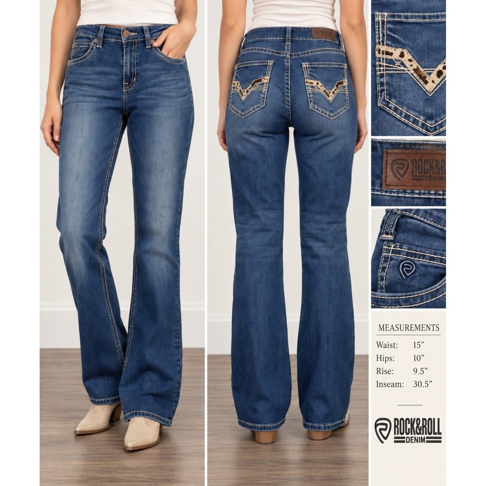 Rock & Roll Denim Womens Relaxed Straight Mid Rise Jeans Cow Print W29 L32